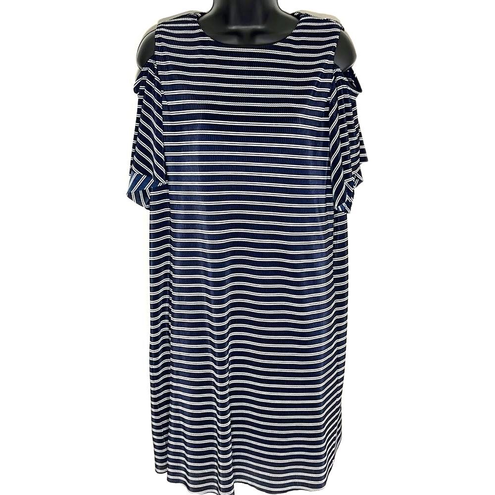 London Times Navy White Striped Shift Midi Dress Keyhole Shoulders Size 6